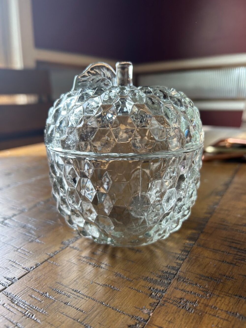 Vintage Mid Century Apple Shaped Glass Candy Dish with Lid or can be used a tr
